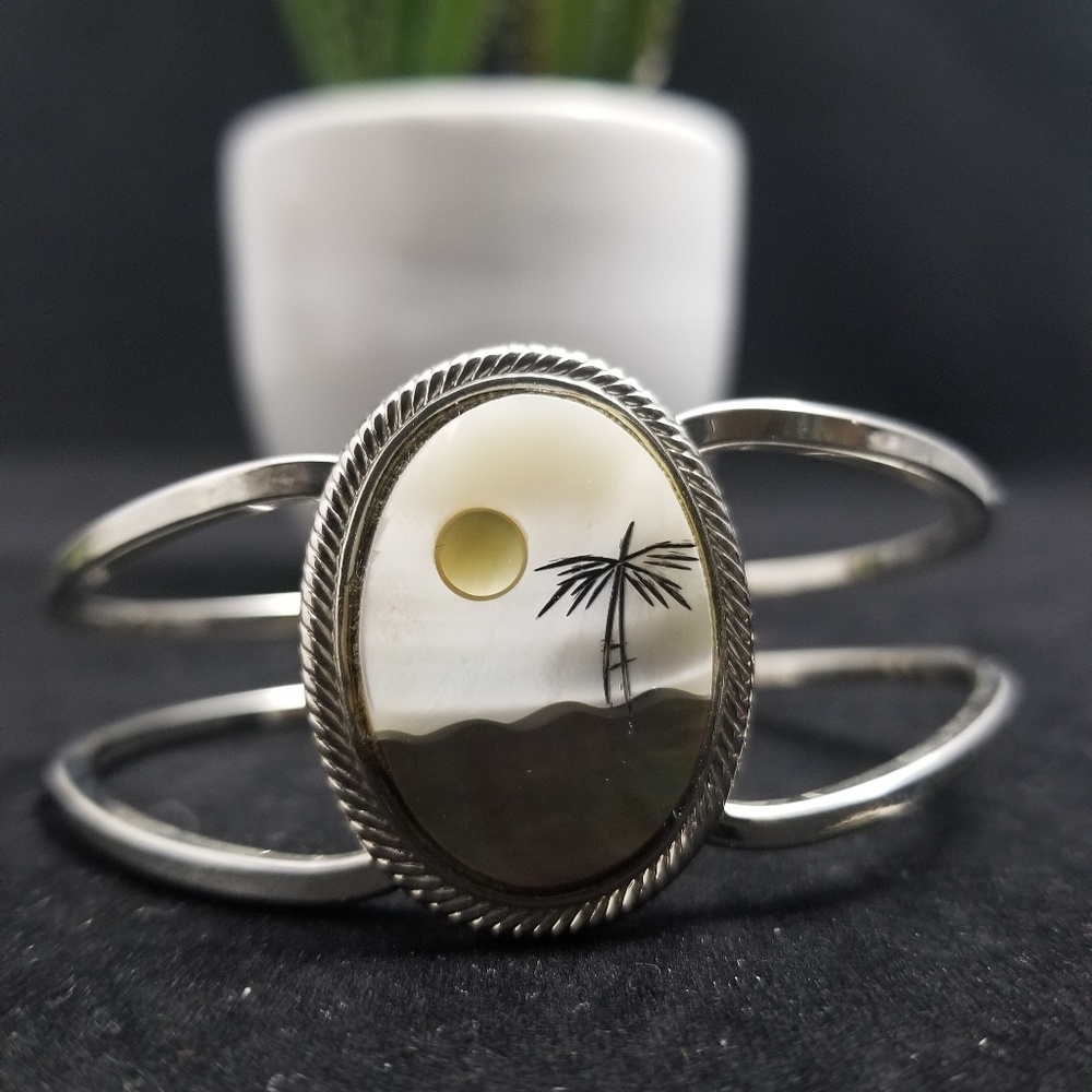 Palm-Tree-Moon-Ocean Silver Bangle - Picture 6 of 6